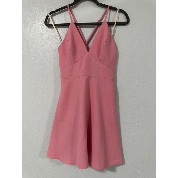 BCBGMAXAZRIA Pink Fit Flare Mini Dress Crisscross Straps V Neck Party Size 6 - Picture 5 of 8